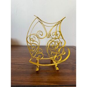 Vintage Yellow Wrought Iron Owl Napkin Holder Ornate Metal Rack MCM